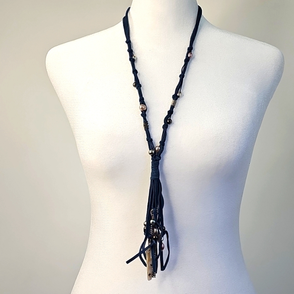 Chico's Denim Blue Suede Boho Necklace w Silver Baubles & Fringe Pendant Western